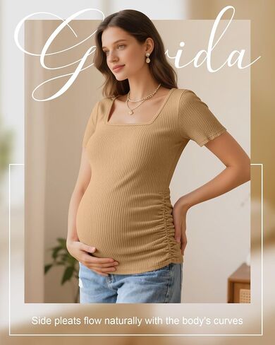 Huukeay 3 Pack Women's Maternity Shirt Ribbed Short Sleeve Pregnancy Top Cotton Square Neck Side Ruched Casual Mama Clothes in Saudi Arabia