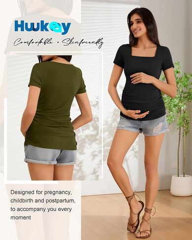 Huukeay 3 Pack Women's Maternity Shirt Ribbed Short Sleeve Pregnancy Top Cotton Square Neck Side Ruched Casual Mama Clothes in Saudi Arabia