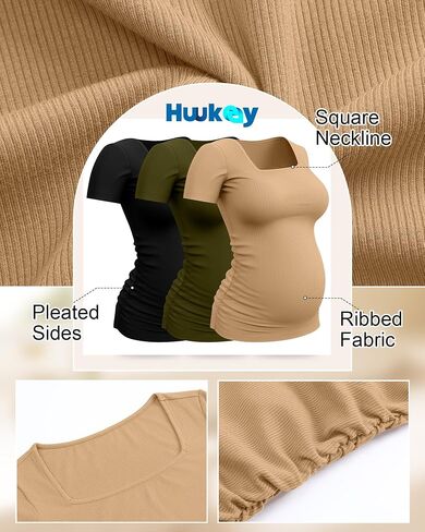 Huukeay 3 Pack Women's Maternity Shirt Ribbed Short Sleeve Pregnancy Top Cotton Square Neck Side Ruched Casual Mama Clothes in Saudi Arabia