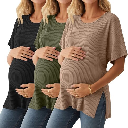 3 Pack Women's Maternity Shirts Ribbed Cotton Crew Neck Pregnancy Tops Side Split Casual Tunics Oversized Tee in Saudi Arabia