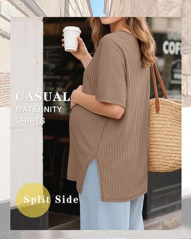 3 Pack Women's Maternity Shirts Ribbed Cotton Crew Neck Pregnancy Tops Side Split Casual Tunics Oversized Tee in Saudi Arabia