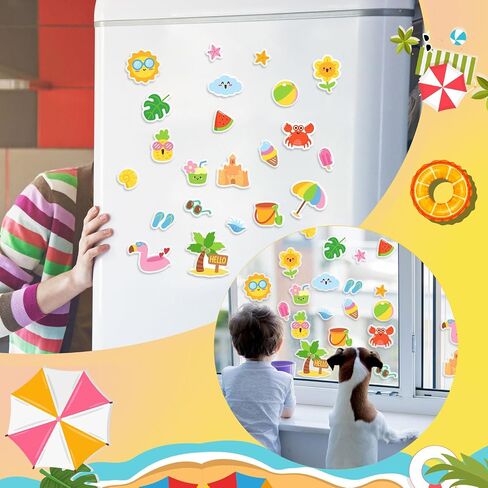 34 Pieces Summer Thick Gel Clings Hello Window Gels Decals Reusable Beach Stickers Removable Pool Sun Cute Gel Clings for Windows Refrigerators Summer Party Decorations, 1 Sheet in Saudi Arabia