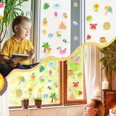 34 Pieces Summer Thick Gel Clings Hello Window Gels Decals Reusable Beach Stickers Removable Pool Sun Cute Gel Clings for Windows Refrigerators Summer Party Decorations, 1 Sheet in Saudi Arabia