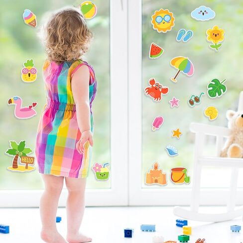 34 Pieces Summer Thick Gel Clings Hello Window Gels Decals Reusable Beach Stickers Removable Pool Sun Cute Gel Clings for Windows Refrigerators Summer Party Decorations, 1 Sheet in Saudi Arabia