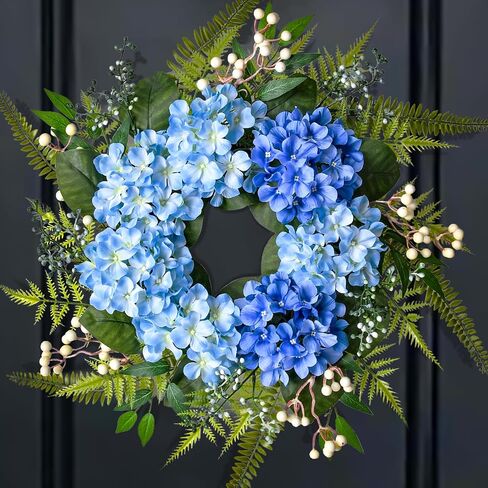 Beinhome 25-inch Handmade Floral Wreath: Blue Hydrangea and Ferns Door Wreath with Ombre Effect for Front Door, Home, and Kitchen in Saudi Arabia
