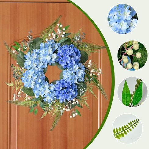 Beinhome 25-inch Handmade Floral Wreath: Blue Hydrangea and Ferns Door Wreath with Ombre Effect for Front Door, Home, and Kitchen in Saudi Arabia