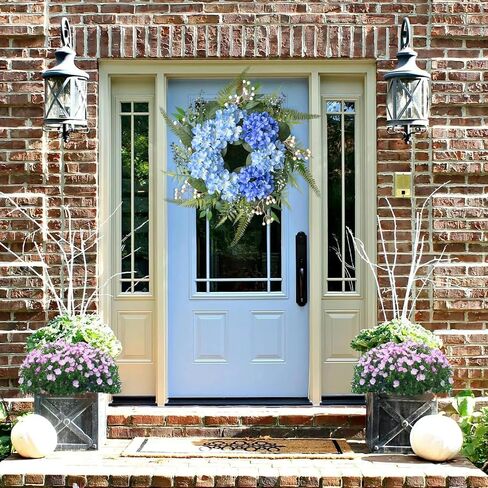 Beinhome 25-inch Handmade Floral Wreath: Blue Hydrangea and Ferns Door Wreath with Ombre Effect for Front Door, Home, and Kitchen in Saudi Arabia