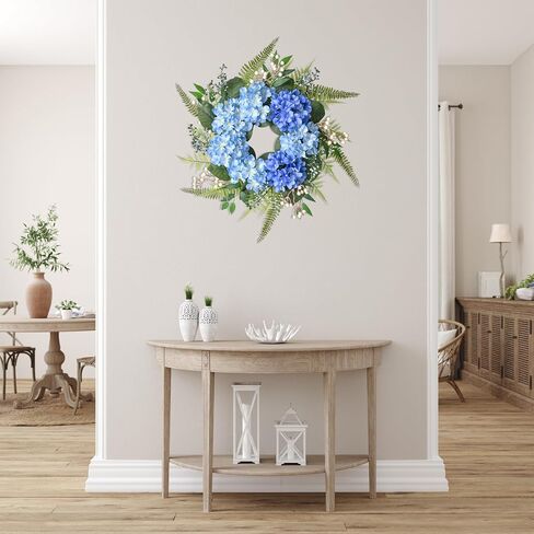 Beinhome 25-inch Handmade Floral Wreath: Blue Hydrangea and Ferns Door Wreath with Ombre Effect for Front Door, Home, and Kitchen in Saudi Arabia