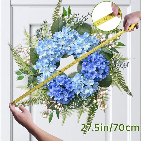 Beinhome 25-inch Handmade Floral Wreath: Blue Hydrangea and Ferns Door Wreath with Ombre Effect for Front Door, Home, and Kitchen in Saudi Arabia