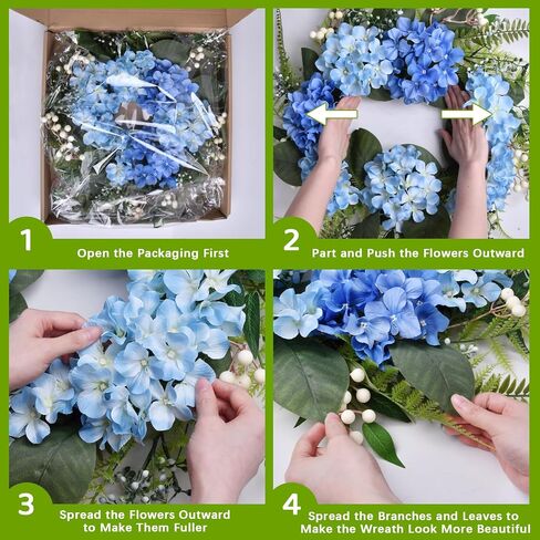 Beinhome 25-inch Handmade Floral Wreath: Blue Hydrangea and Ferns Door Wreath with Ombre Effect for Front Door, Home, and Kitchen in Saudi Arabia