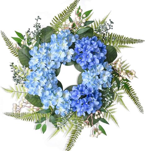 Beinhome 25-inch Handmade Floral Wreath: Blue Hydrangea and Ferns Door Wreath with Ombre Effect for Front Door, Home, and Kitchen in Saudi Arabia