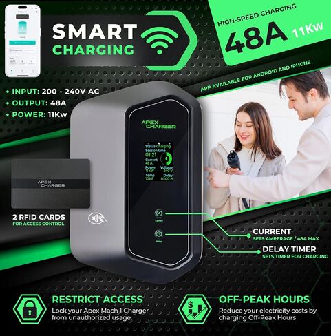 MACH 2:Fast Level 2 EV Charger 48 amp Garage-pro Wall-Mount. Electric Vehicle Charging Station 4 Nema 14-50 Outlet. J1772 car Connector. Key Accessories: 30ft Cable & Tesla NACS evse Portable Adapter in Saudi Arabia