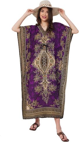 Divine threads -- Women's Kaftan Floral Print/Beach Cover Up/Plus Size V-Neck Loose Kimono Maxi Dress in Saudi Arabia