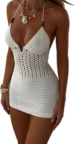 Women Knit Hollow Out Crochet Cover Up Sexy Halter Backless Bodycon Mini Dress Tie Up Swimwear Beach Dresses in Saudi Arabia