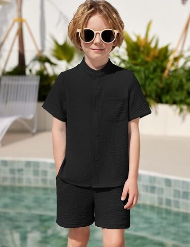 Arshiner Toddler Boys 2 Piece Set Short Sleeve Button Down Shirt and Shorts Vacation Texture Outfits with Pocket 2-13 Years in Saudi Arabia
