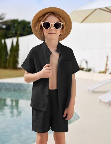 Arshiner Toddler Boys 2 Piece Set Short Sleeve Button Down Shirt and Shorts Vacation Texture Outfits with Pocket 2-13 Years in Saudi Arabia
