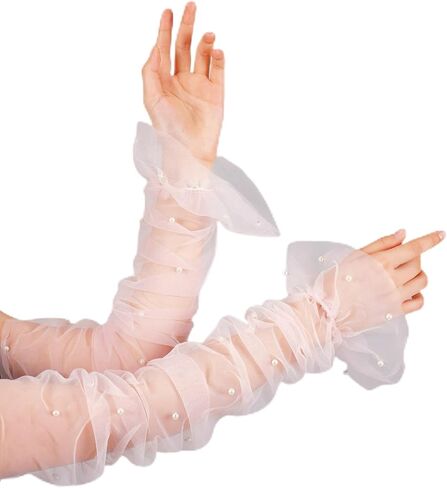 Geyoga Women's Long Bridal Wedding Tulle Gloves Pearl Mesh Fingerless Gloves for 1920 Opera Tea Party Dance Costume Accessory in Saudi Arabia