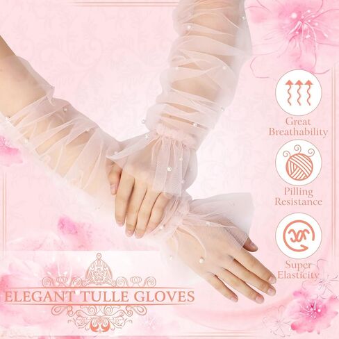 Geyoga Women's Long Bridal Wedding Tulle Gloves Pearl Mesh Fingerless Gloves for 1920 Opera Tea Party Dance Costume Accessory in Saudi Arabia