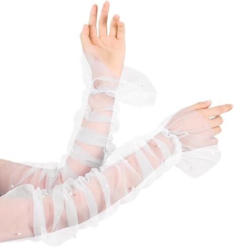 Geyoga Women's Long Bridal Wedding Tulle Gloves Pearl Mesh Fingerless Gloves for 1920 Opera Tea Party Dance Costume Accessory in Saudi Arabia