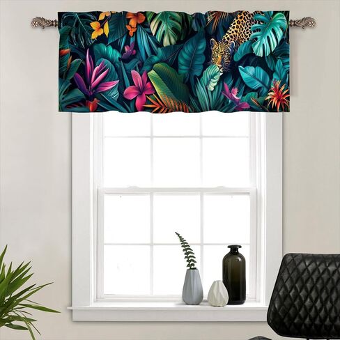 1 Panel Tropical Leopard Floral Kitchen Valance Curtains for Windows, Botanical Plant Animal Window Treatment Rod Pocket Drapes Valances for Bathroom, 54" X 18" in Kuwait