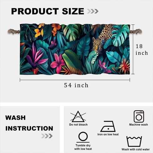1 Panel Tropical Leopard Floral Kitchen Valance Curtains for Windows, Botanical Plant Animal Window Treatment Rod Pocket Drapes Valances for Bathroom, 54" X 18" in Kuwait