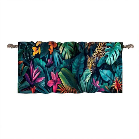 1 Panel Tropical Leopard Floral Kitchen Valance Curtains for Windows, Botanical Plant Animal Window Treatment Rod Pocket Drapes Valances for Bathroom, 54" X 18" in Kuwait