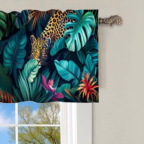 1 Panel Tropical Leopard Floral Kitchen Valance Curtains for Windows, Botanical Plant Animal Window Treatment Rod Pocket Drapes Valances for Bathroom, 54" X 18" in Kuwait