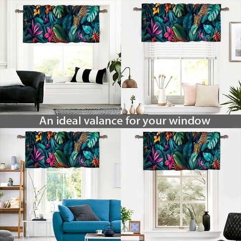1 Panel Tropical Leopard Floral Kitchen Valance Curtains for Windows, Botanical Plant Animal Window Treatment Rod Pocket Drapes Valances for Bathroom, 54" X 18" in Kuwait
