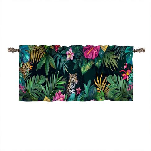 1 Panel Tropical Leopard Floral Kitchen Valance Curtains for Windows, Botanical Plant Animal Window Treatment Rod Pocket Drapes Valances for Bathroom, 54" X 18" in Kuwait