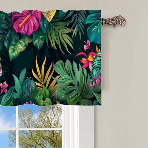 1 Panel Tropical Leopard Floral Kitchen Valance Curtains for Windows, Botanical Plant Animal Window Treatment Rod Pocket Drapes Valances for Bathroom, 54" X 18" in Kuwait