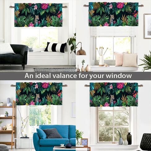 1 Panel Tropical Leopard Floral Kitchen Valance Curtains for Windows, Botanical Plant Animal Window Treatment Rod Pocket Drapes Valances for Bathroom, 54" X 18" in Kuwait
