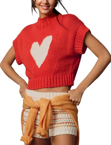 Women Cap Sleeve Sweater Vest Cute Heart Print Mock Neck Sweaters Knitted Pullover Tank Tops in Saudi Arabia