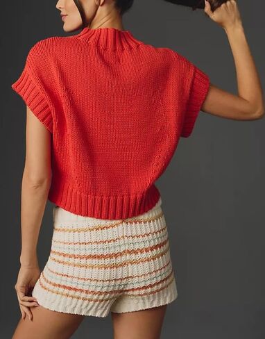 Women Cap Sleeve Sweater Vest Cute Heart Print Mock Neck Sweaters Knitted Pullover Tank Tops in Saudi Arabia