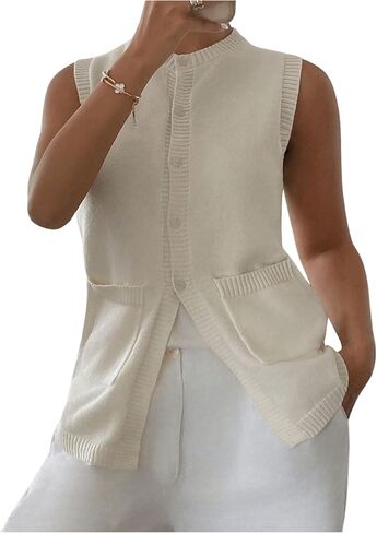 Verdusa Women's Button Front Sweater Vest Split Hem Round Neck Sleeveless Knit Tops with Pockets in Saudi Arabia