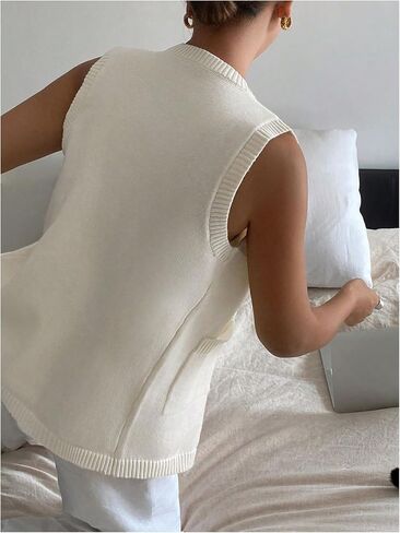 Verdusa Women's Button Front Sweater Vest Split Hem Round Neck Sleeveless Knit Tops with Pockets in Saudi Arabia