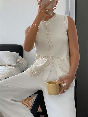 Verdusa Women's Button Front Sweater Vest Split Hem Round Neck Sleeveless Knit Tops with Pockets in Saudi Arabia
