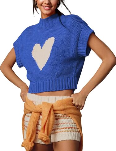 Women Cap Sleeve Sweater Vest Cute Heart Print Mock Neck Sweaters Knitted Pullover Tank Tops in Saudi Arabia