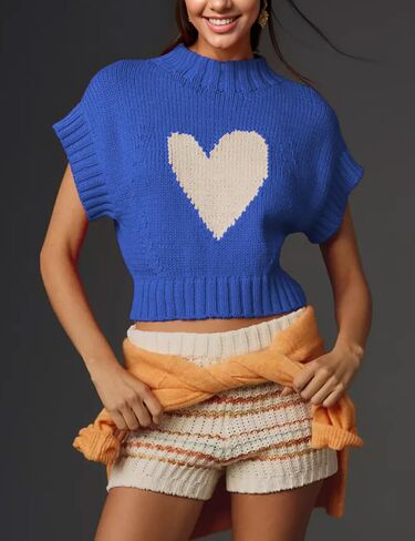 Women Cap Sleeve Sweater Vest Cute Heart Print Mock Neck Sweaters Knitted Pullover Tank Tops in Saudi Arabia