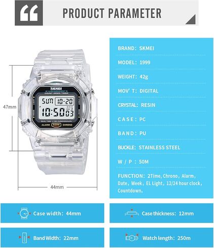 Gosasa Women's Men Youth Square Full Transparent Digital Watch Chronograph Countdown Dual Time Waterproof Watch in Saudi Arabia