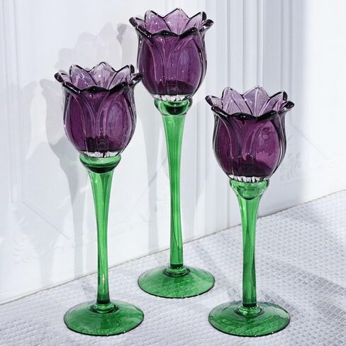 Voho Purple Tulip Tealight Candle Holder لهدايا عيد الفصح ، Tulips Lights Lights Holder Decor لعيد ميلاد الحفلات ، حامل شمعة طويل القامة لزخارف عيد الشكر في عيد الهالوين (مجموعة 3) in Kuwait