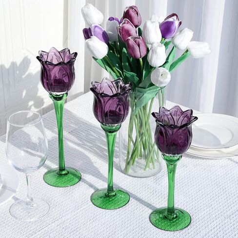 Voho Purple Tulip Tealight Candle Holder لهدايا عيد الفصح ، Tulips Lights Lights Holder Decor لعيد ميلاد الحفلات ، حامل شمعة طويل القامة لزخارف عيد الشكر في عيد الهالوين (مجموعة 3) in Kuwait