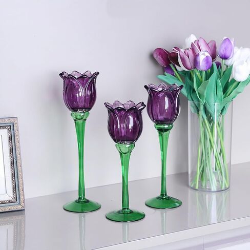 Voho Purple Tulip Tealight Candle Holder لهدايا عيد الفصح ، Tulips Lights Lights Holder Decor لعيد ميلاد الحفلات ، حامل شمعة طويل القامة لزخارف عيد الشكر في عيد الهالوين (مجموعة 3) in Kuwait