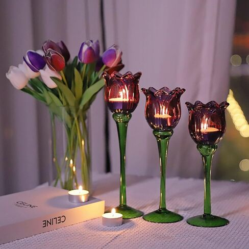 Voho Purple Tulip Tealight Candle Holder لهدايا عيد الفصح ، Tulips Lights Lights Holder Decor لعيد ميلاد الحفلات ، حامل شمعة طويل القامة لزخارف عيد الشكر في عيد الهالوين (مجموعة 3) in Kuwait