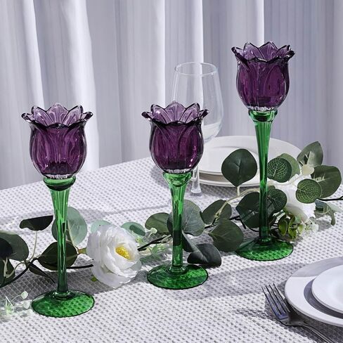Voho Purple Tulip Tealight Candle Holder لهدايا عيد الفصح ، Tulips Lights Lights Holder Decor لعيد ميلاد الحفلات ، حامل شمعة طويل القامة لزخارف عيد الشكر في عيد الهالوين (مجموعة 3) in Kuwait