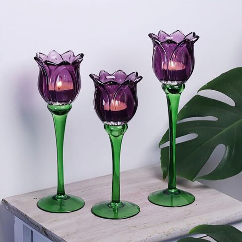 Voho Purple Tulip Tealight Candle Holder لهدايا عيد الفصح ، Tulips Lights Lights Holder Decor لعيد ميلاد الحفلات ، حامل شمعة طويل القامة لزخارف عيد الشكر في عيد الهالوين (مجموعة 3) in Kuwait