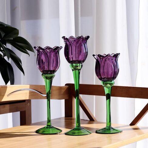 Voho Purple Tulip Tealight Candle Holder لهدايا عيد الفصح ، Tulips Lights Lights Holder Decor لعيد ميلاد الحفلات ، حامل شمعة طويل القامة لزخارف عيد الشكر في عيد الهالوين (مجموعة 3) in Kuwait