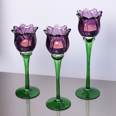 Voho Purple Tulip Tealight Candle Holder لهدايا عيد الفصح ، Tulips Lights Lights Holder Decor لعيد ميلاد الحفلات ، حامل شمعة طويل القامة لزخارف عيد الشكر في عيد الهالوين (مجموعة 3) in Kuwait