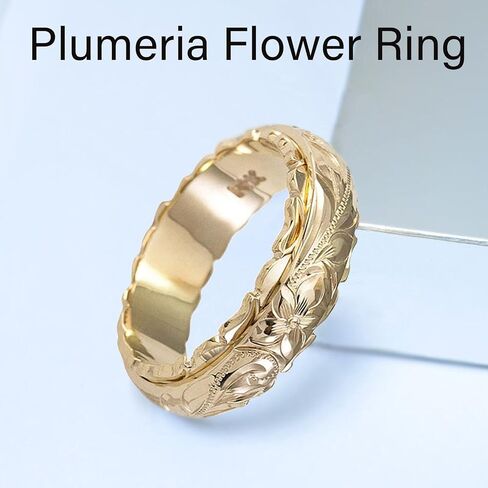 Dainty Engraved Plumeria Flower Ring, 14K Gold Plated Hawaiian Princess Plumeria Flower Scroll Promise Ring Stackable Wedding Engagement Band Jewelry for Women or Men in Saudi Arabia