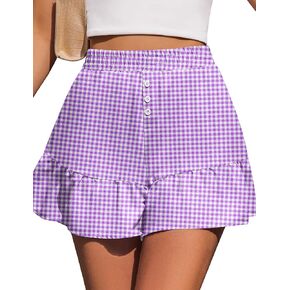 Kistore Womens Shorts Summer Casual Ruffle Y2K Trendy Button High Waisted Skorts Mini Comfy Plaid Short XS-XL