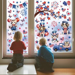 4th of July Patriotic Window Clings 9 Sheets USA Double-Sided Window Art Decals USA Independence Memorial Day Stripes Star Fireworks Flags Balloon Decorations for Home School Office